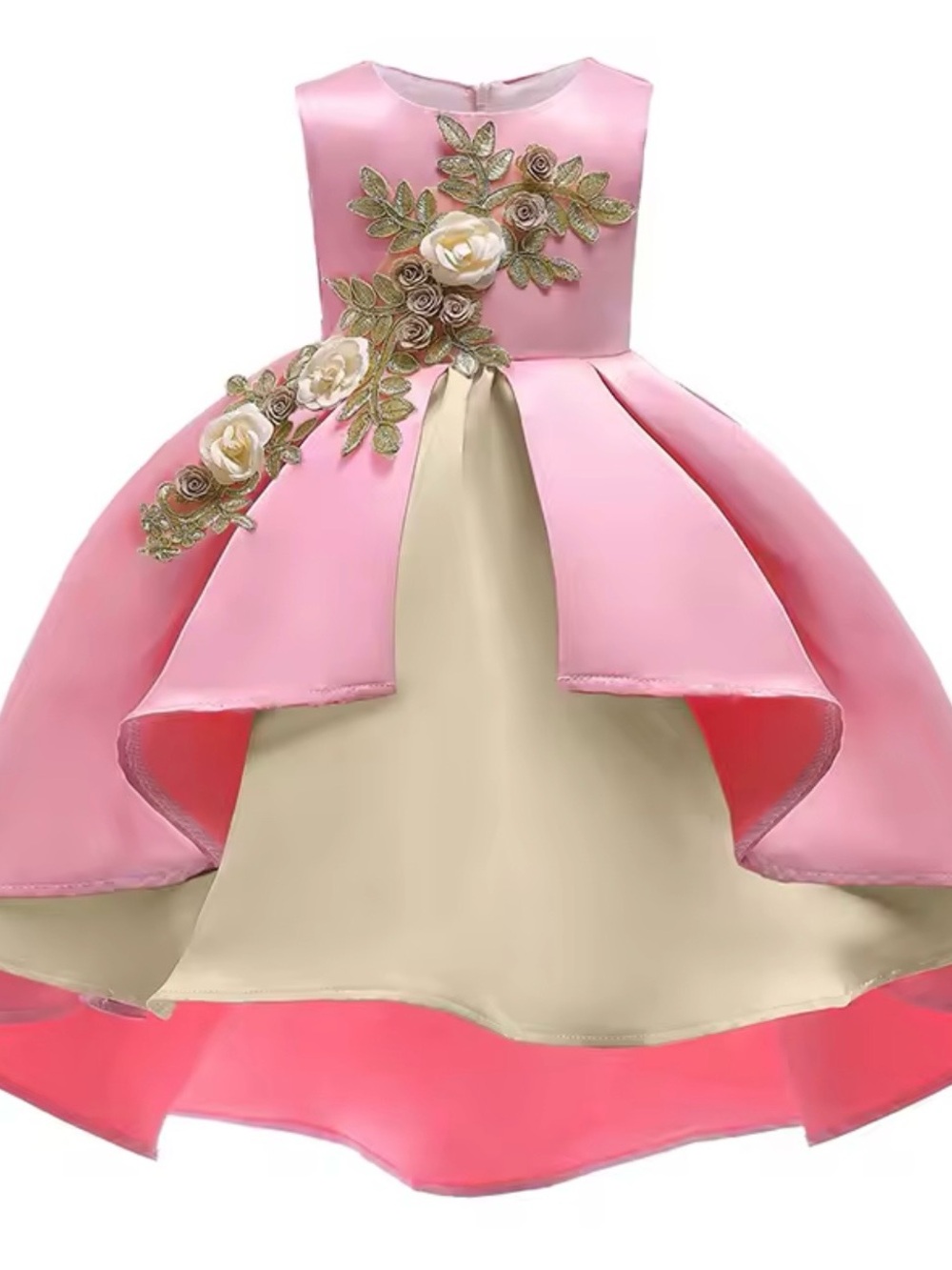 Pink and Cream Floral Appliqué Girls Party Dress